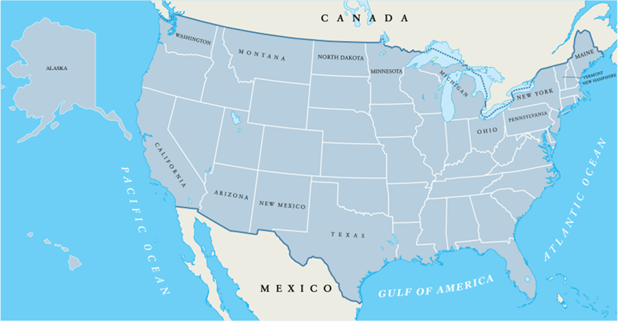 Map of the United States, showing the state borders. States bordering Canada and Mexico are labeled with their name, as is Alaska and Hawaii (inset). The map also includes labels for "Canada", "Mexico", "Pacific Ocean", "Atlantic Ocean". "Gulf of America" is written with a different font over the Gulf of Mexico.