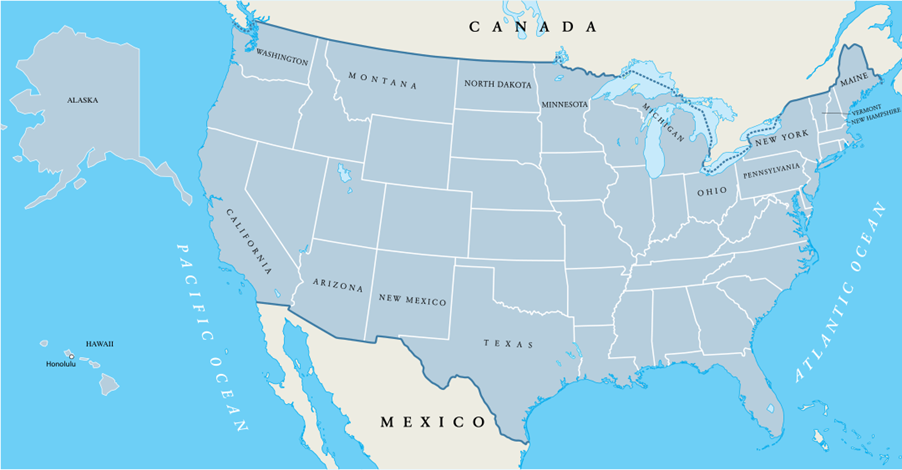 Map of the United States, showing the state borders. States bordering Canada and Mexico are labeled with their name, as is Alaska and Hawaii (inset). The map also includes labels for "Canada", "Mexico", "Pacific Ocean", "Atlantic Ocean".