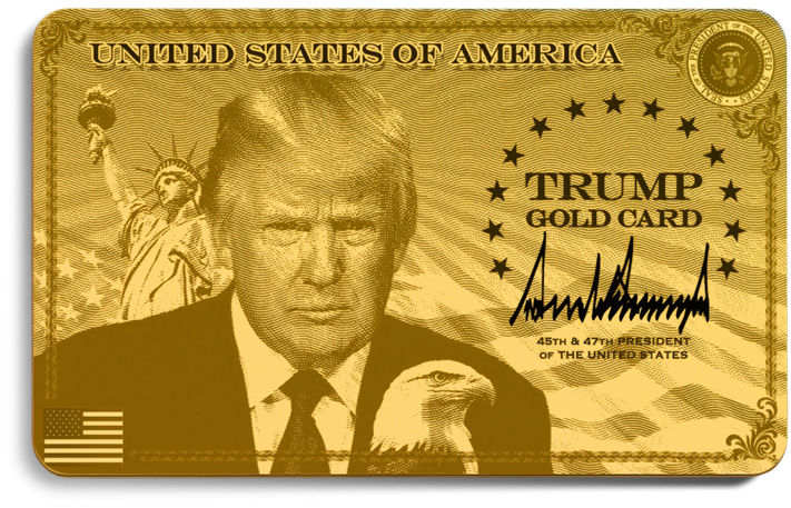 Illustration of a "Trump card". A card whose design include a picture of Donald Trump, the Statue of Liberty, a bald eagle, the seal of the United States, the flag of the United States. The top says "United States of America". "Trump Gold Card" is written inside a circular arc with 13 stars. Below these stars, the hand signature of Donald Trump, and the text "45th & 47th president of the United States".