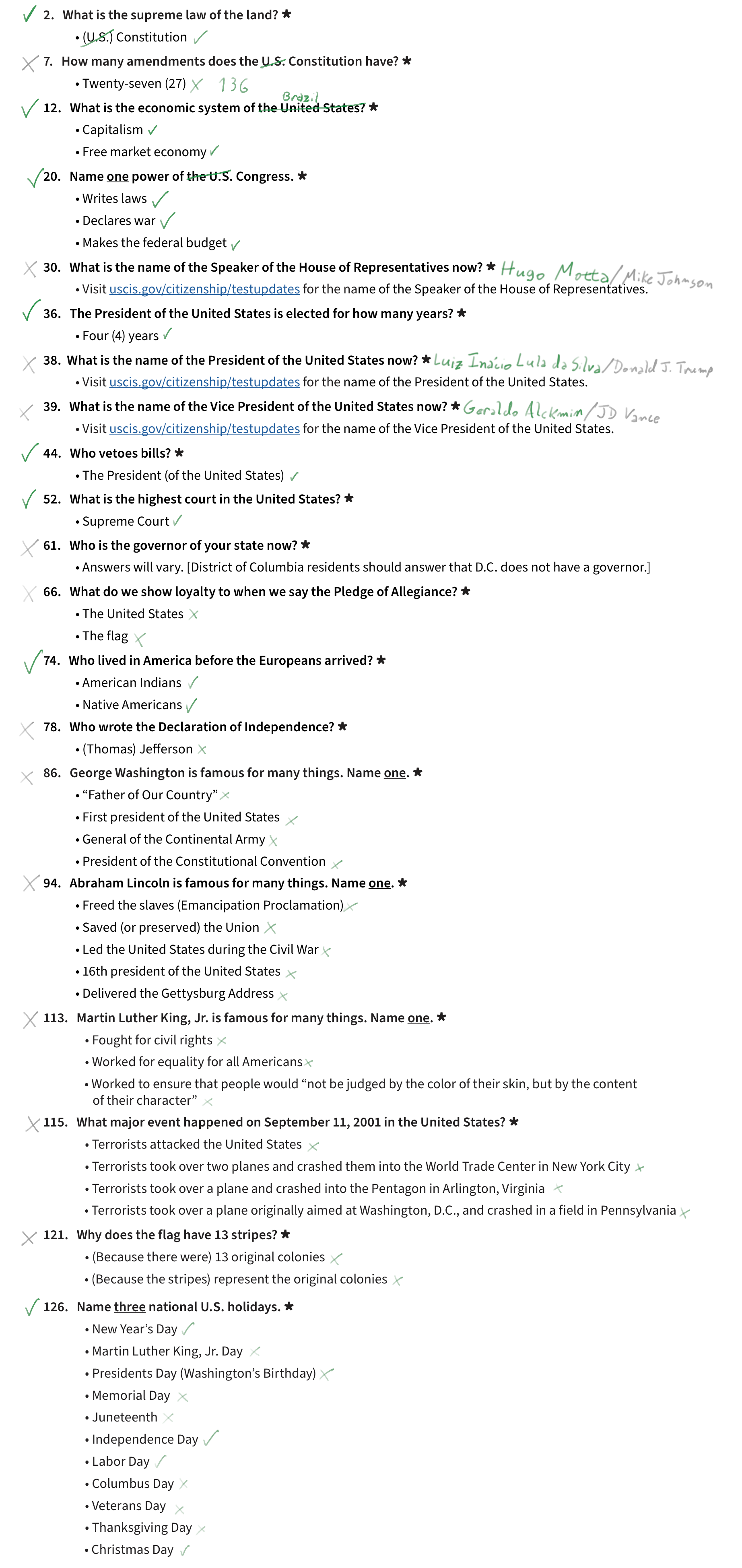 20 questions from the Test, with annotations in green. The annotations replace words like "the United States" with words like "Brazil". The annotations mark 8 questions with a check mark, and 12 questions with an "X" mark.