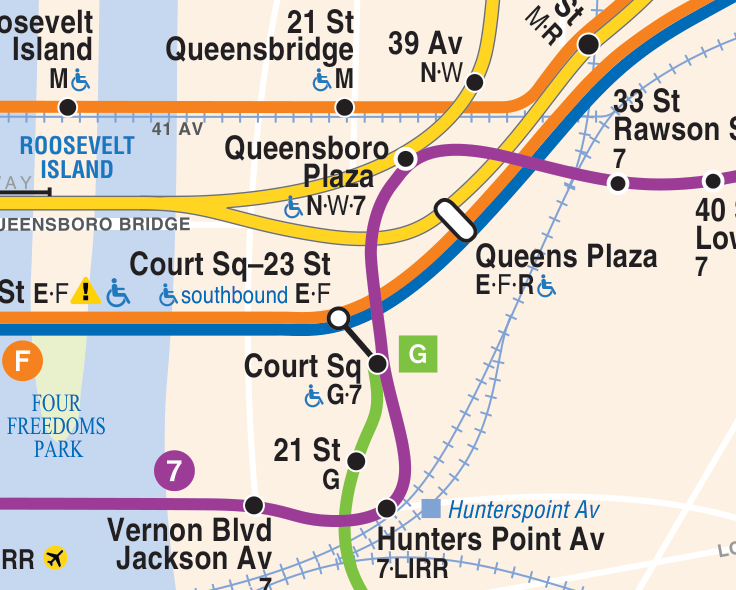 Snippet of a "geographic" diagram of the New York City Subway