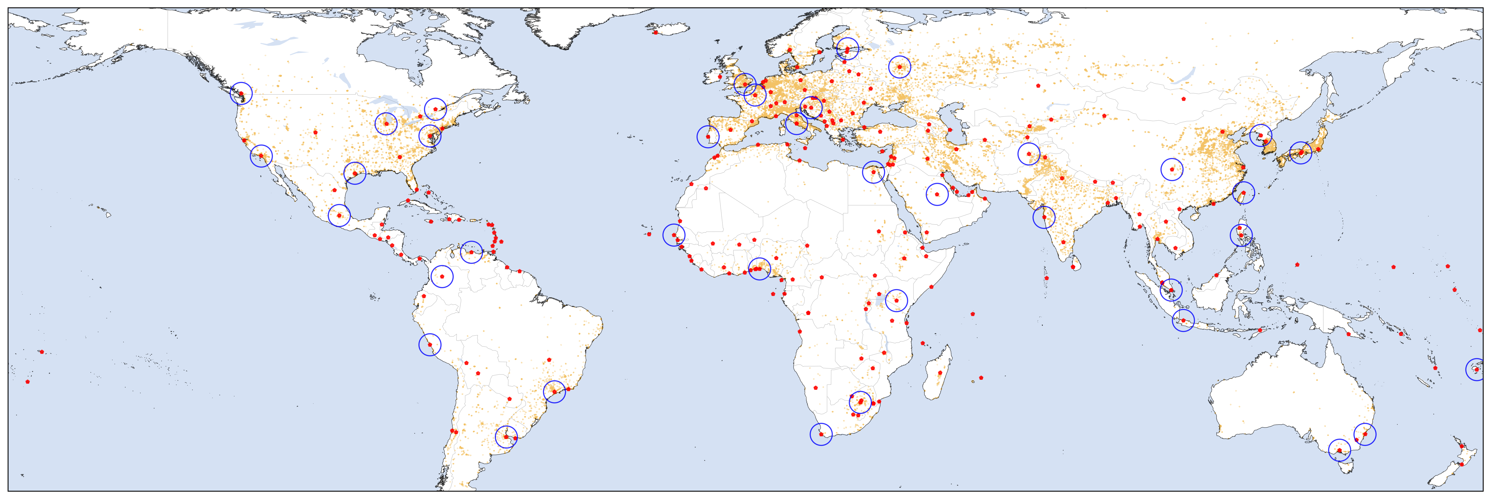 World map with hundreds of red dots marking large cities. 38 of those are further highlighted by a large blue circle around the red dot.